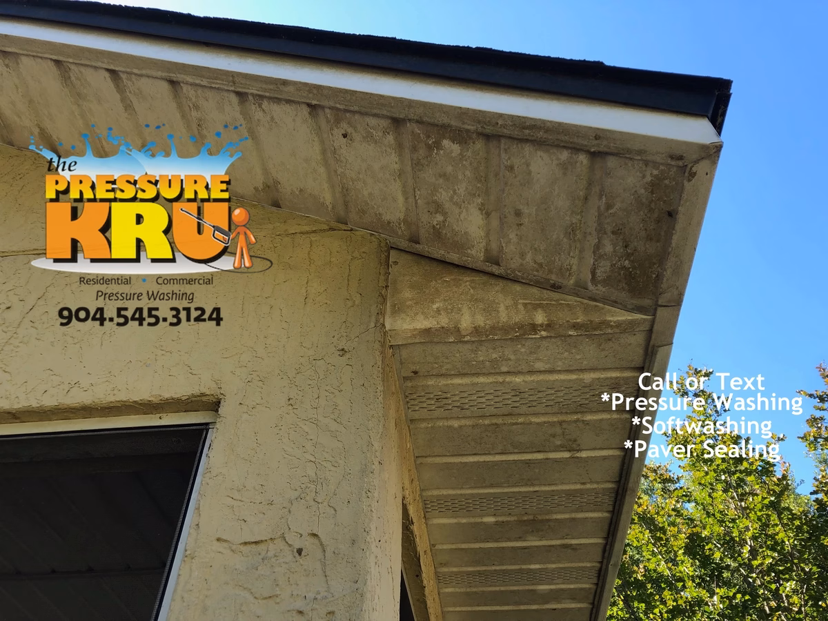 Freshly cleaned stucco home after low-pressure soft washing in Greenland Chase Before.