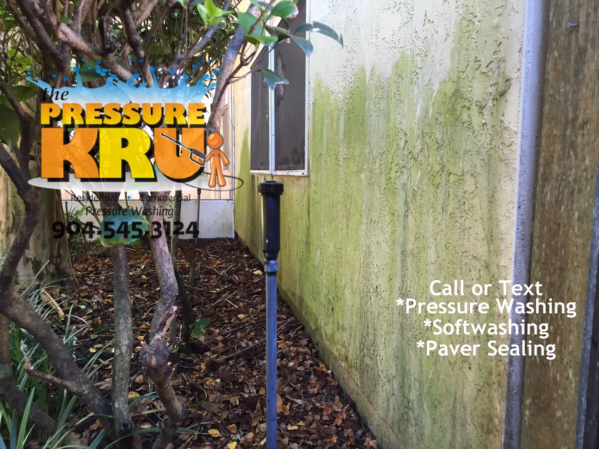 Stucco house washing service before removing algae from a home in South Hampton.