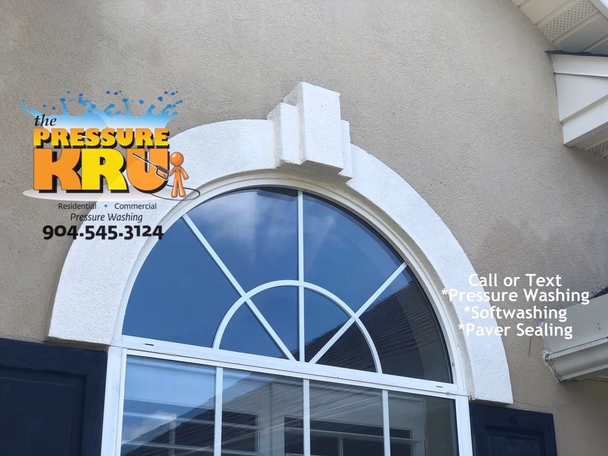 Residential Stucco house soft wash completed in Glen St Johns after.