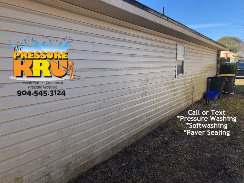 Exterior vinyl siding before house washing in Julington Creek neighborhood.
