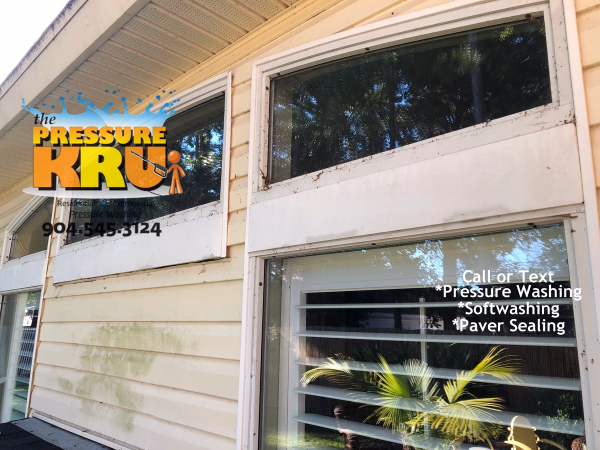 Vinyl siding before cleaning transformation removing mold and mildew from a Julington Creek home.