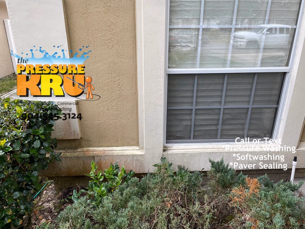 Stucco house cleaned with low-pressure soft washing in Arbor Glade neighborhood before cleaning.
