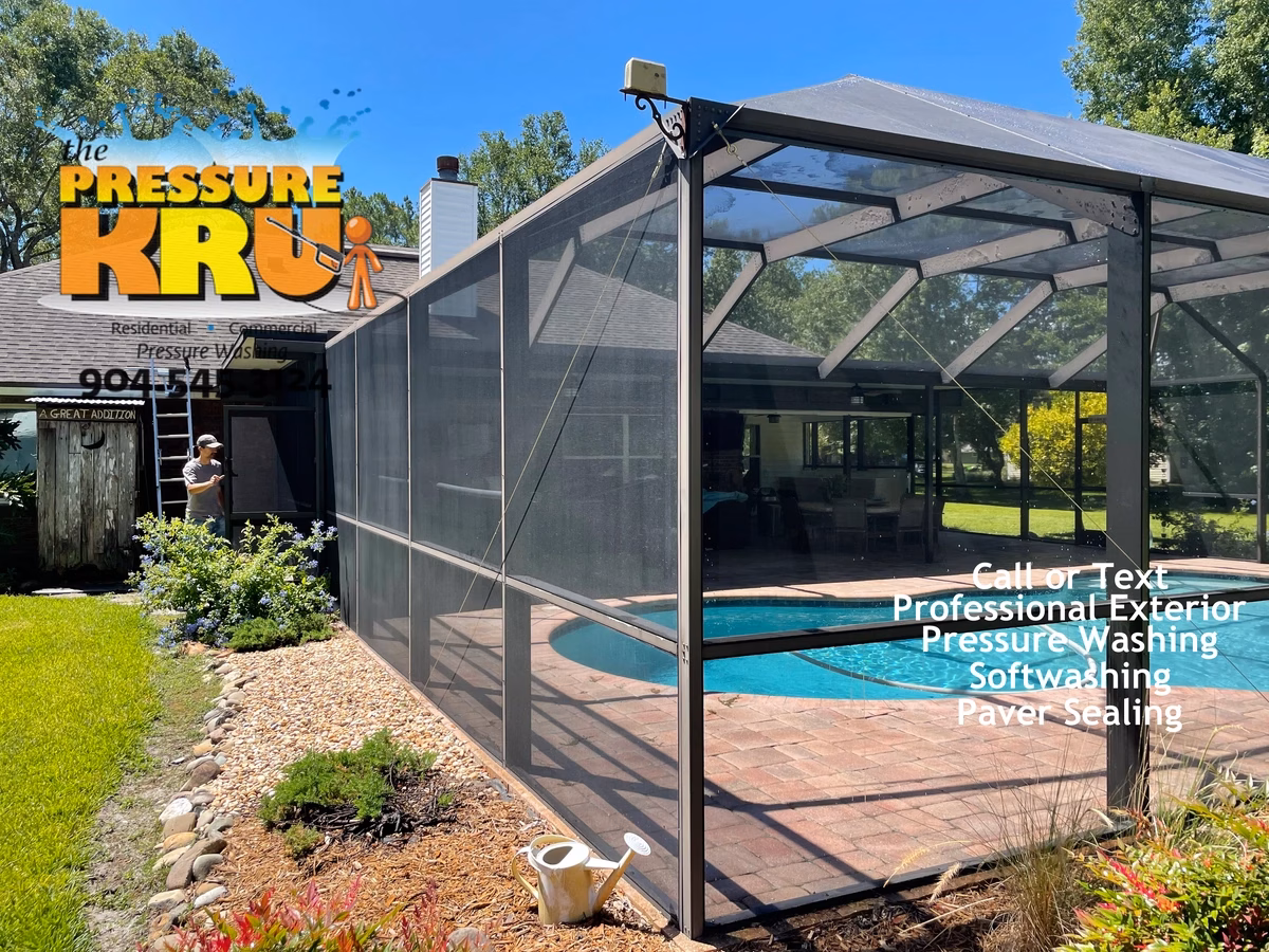 Screen enclosure After exterior soft washing in St. Johns, FL.