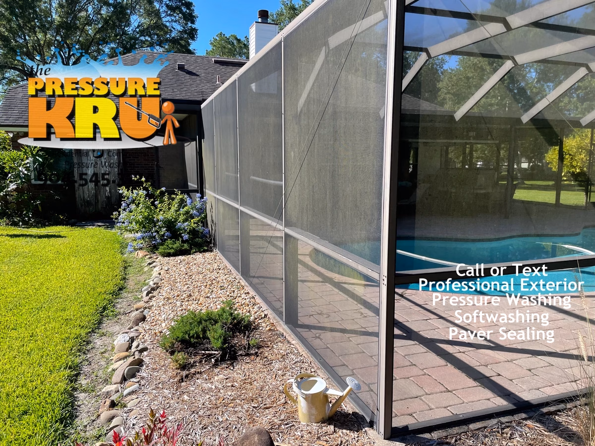 Screen enclosure before exterior soft washing in St. Johns, FL.