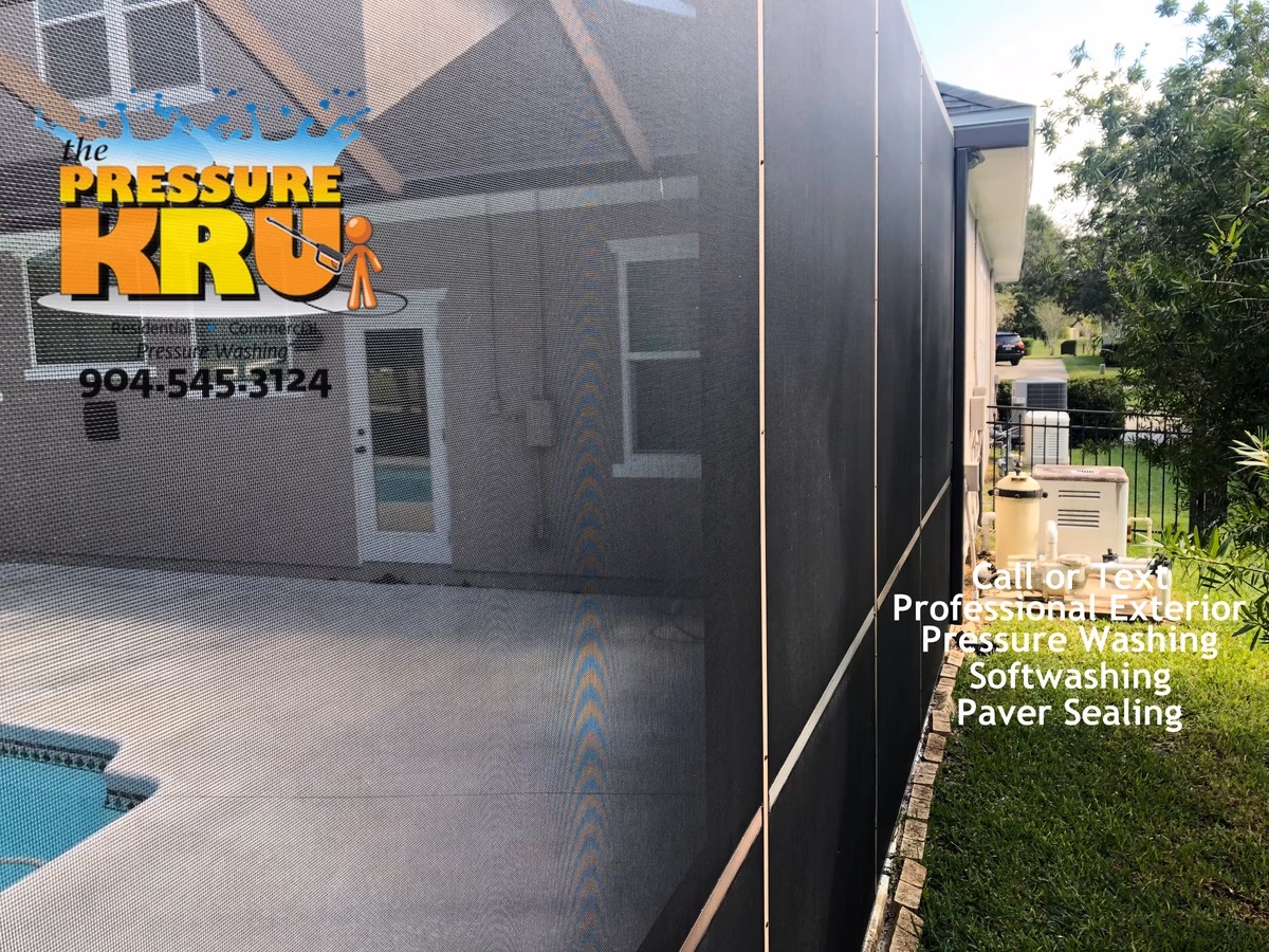 Pool cage after professional soft washing in Jacksonville, FL.