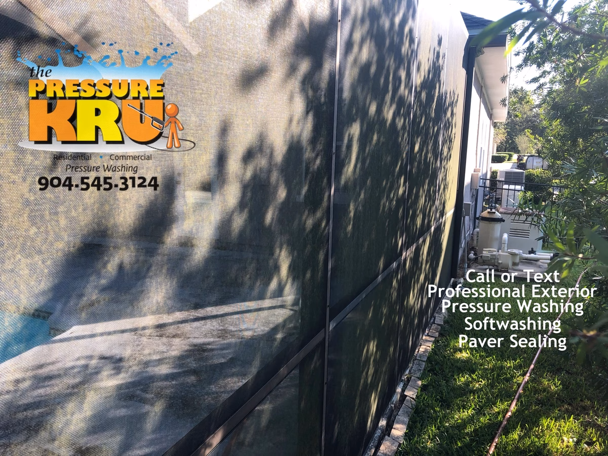 Pool cage before professional soft washing in Jacksonville, FL.