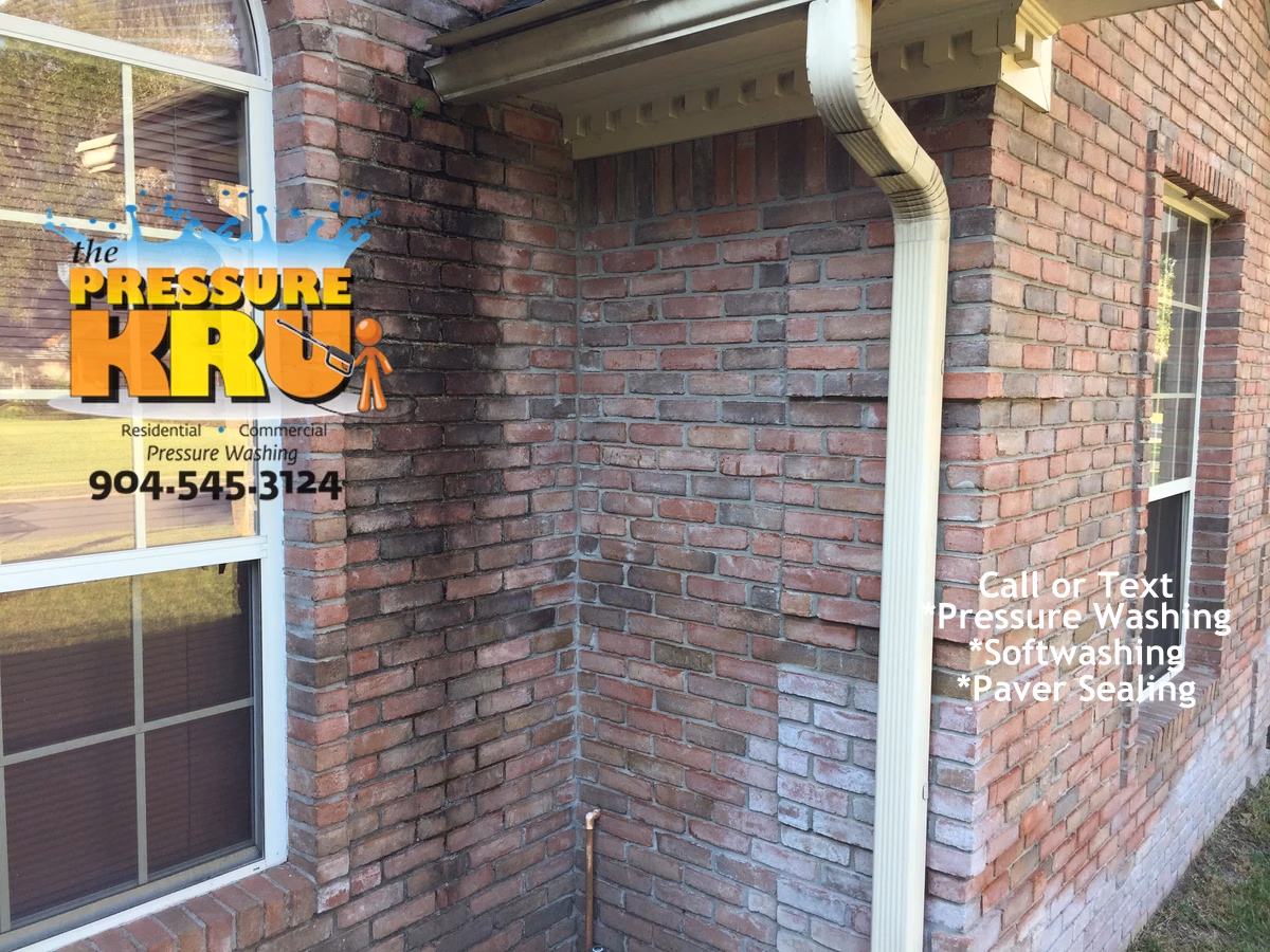 Soft washing of a brick exterior home in Jacksonville FL showing before growth of organics