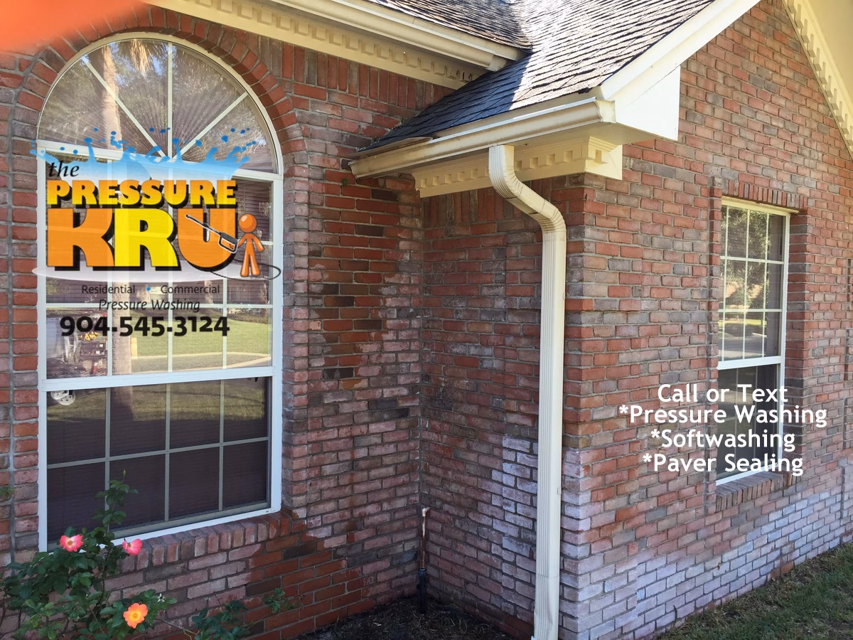 Soft washing of a brick exterior home in Jacksonville FL showing after growth of organics removed. Offered efflorescence cleaning service but was turned down due to budget