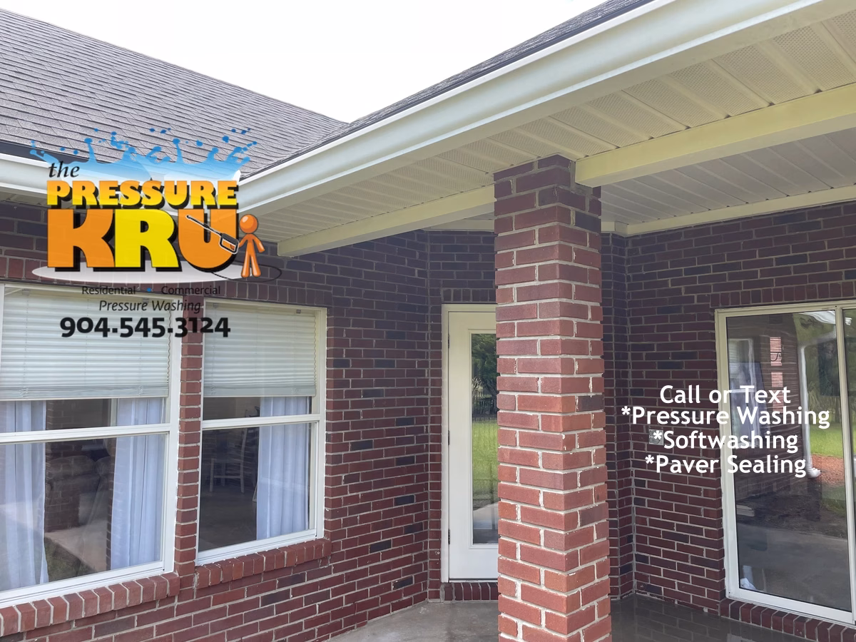 Residential brick house after professional brick exterior cleaning for a home in Jacksonville FL