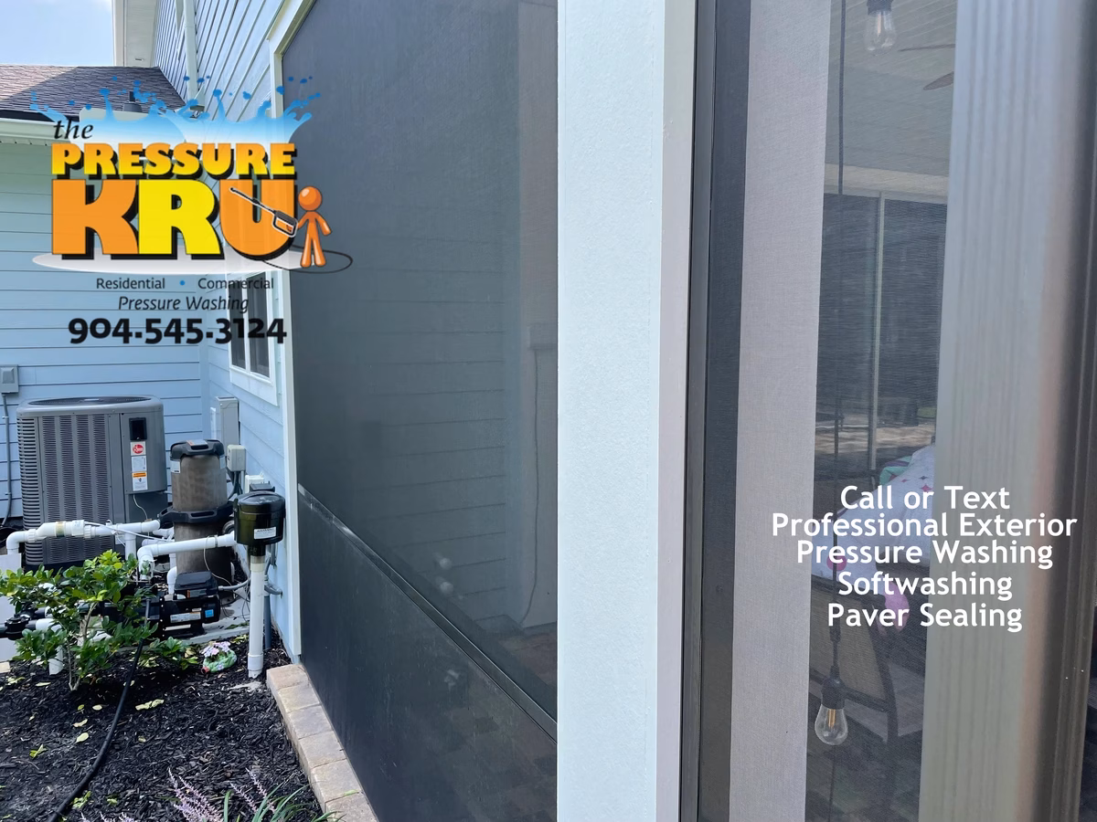 Screen Enclosure after cleaning in St. Johns, FL showing green algae removal.