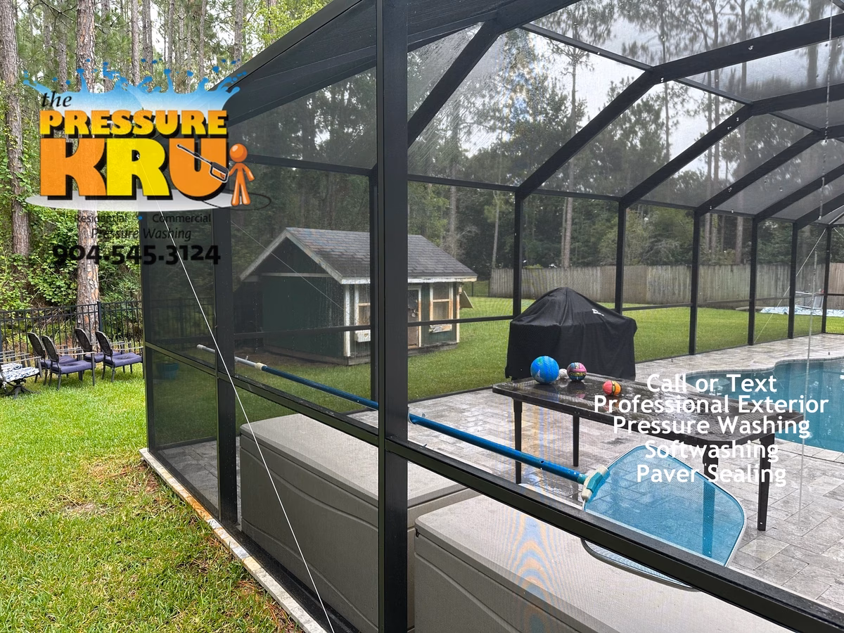 Pool Cage after soft washing in St Johns, FL.