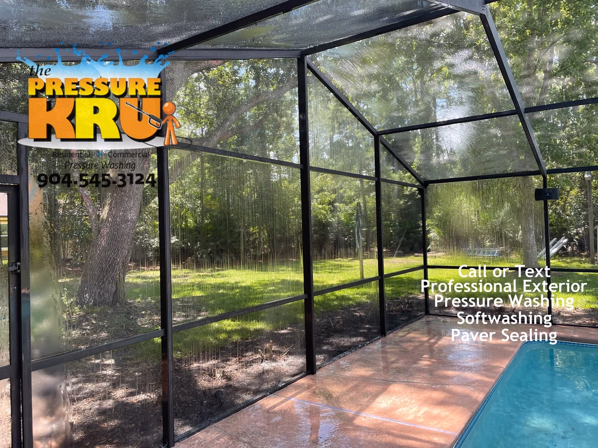 Pool Screen Enclosure after soft washing in St. Johns, FL.
