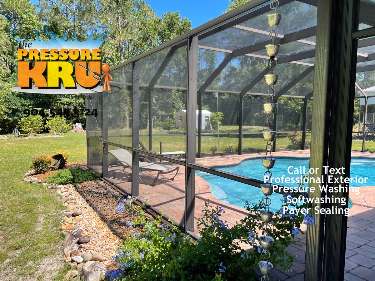 Pool Screen enclosure covered in green algae after soft washing in St Johns, FL.