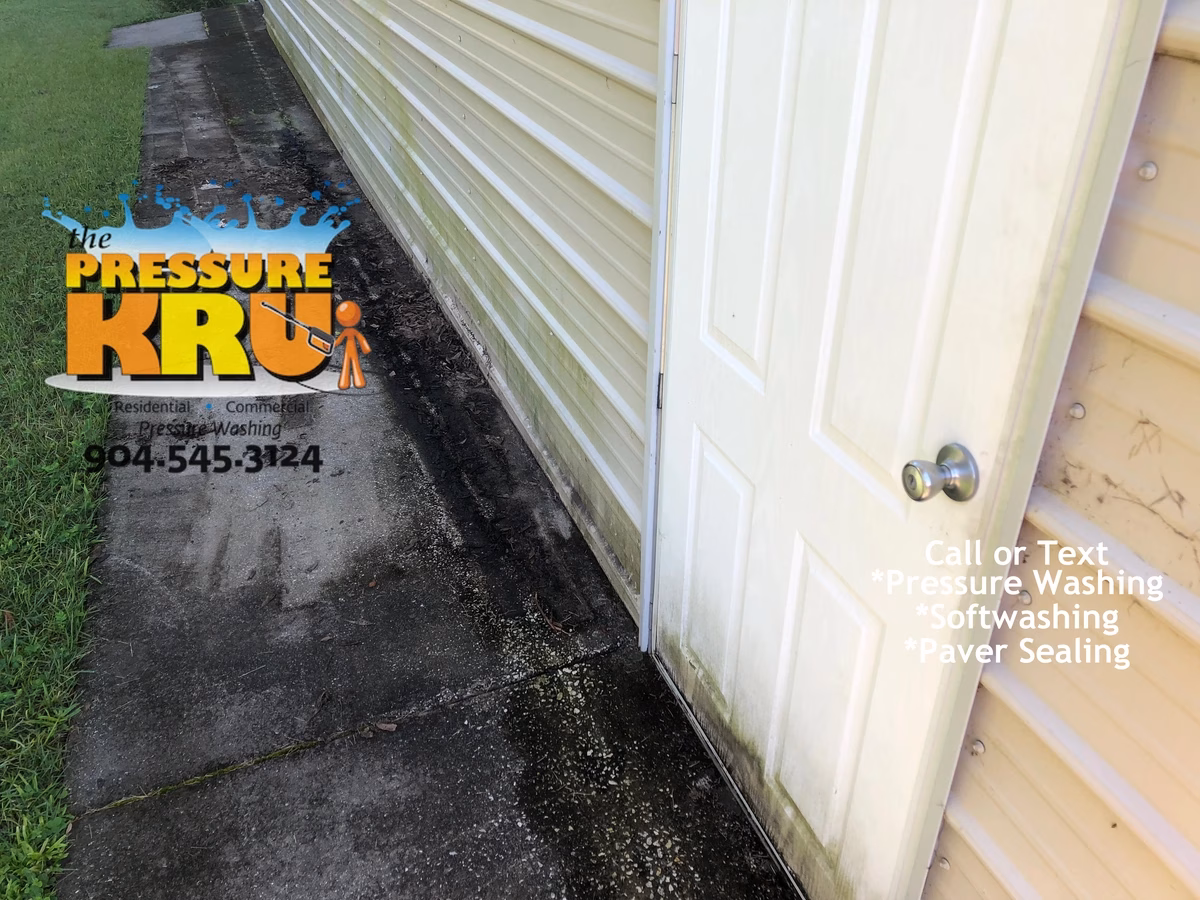 Spring driveway and sidewalk cleaning service to remove winter debris in Jacksonville, FL near Orange Picker Rd. Before cleaning picture.