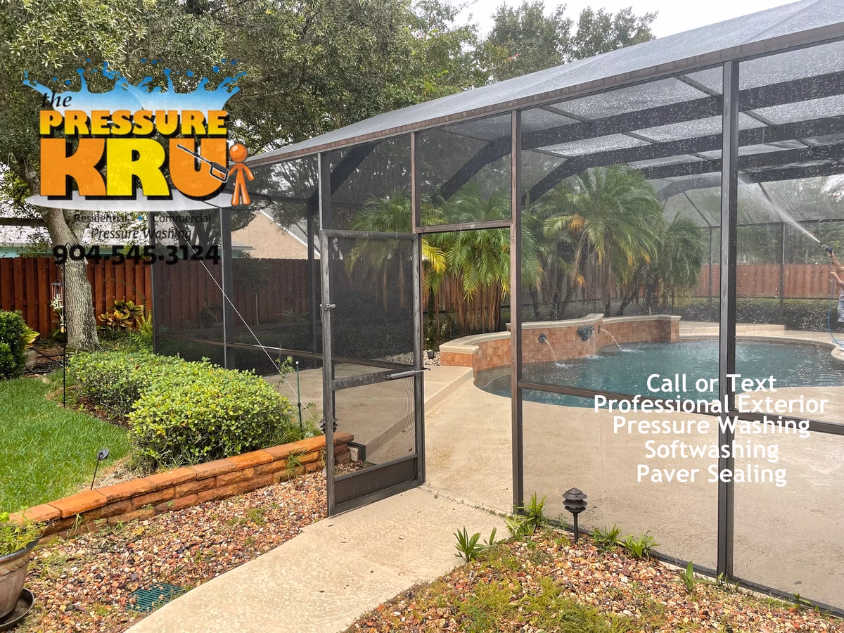 After professionally soft washing a pool screen enclosure in Saint Johns, FL.