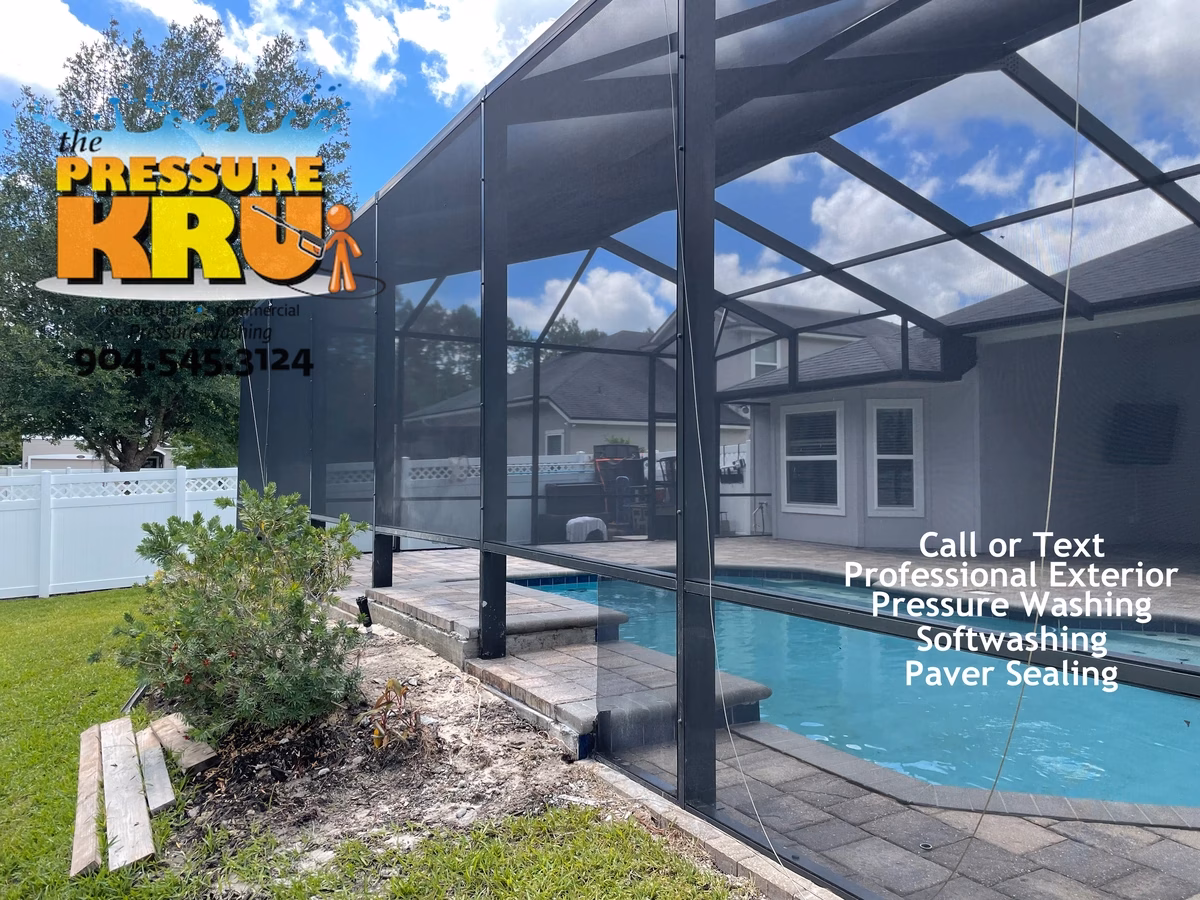 Pool Cage soft washed to remove green algae in St Johns, Fl after.