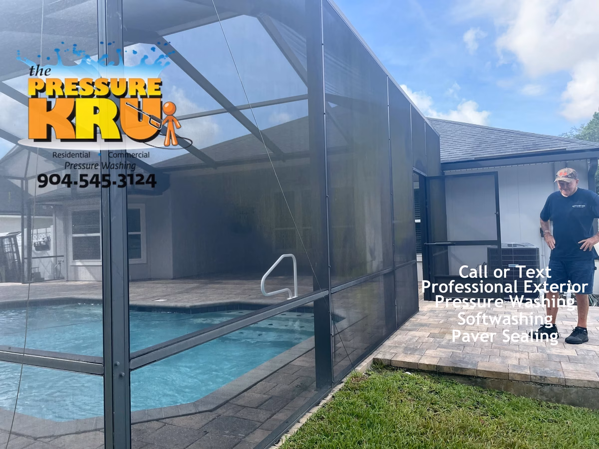 Screen enclosure before soft washing in St Johns, FL.