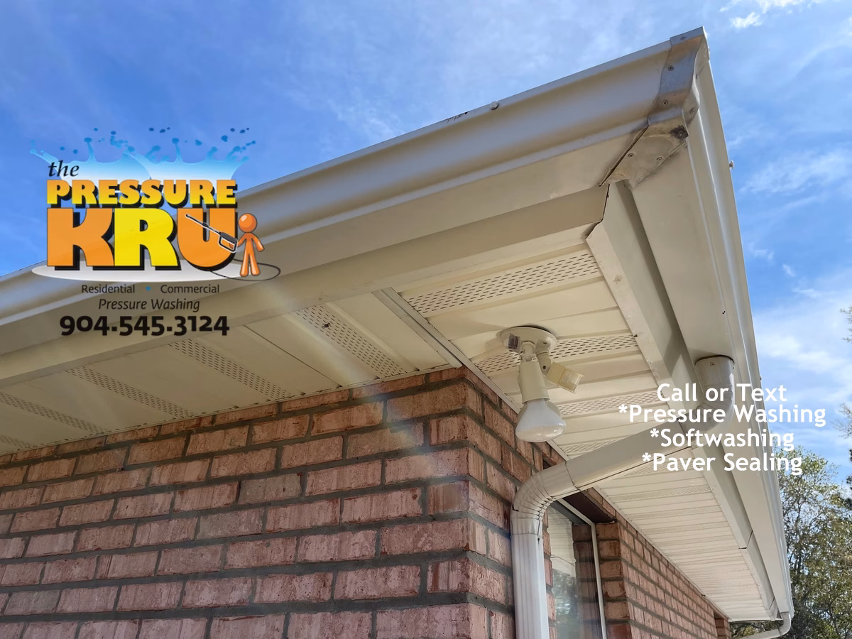 Brick home exterior siding and trim cleaning after professional soft washing in Fleming Island FL. Brick home beautifully restored.