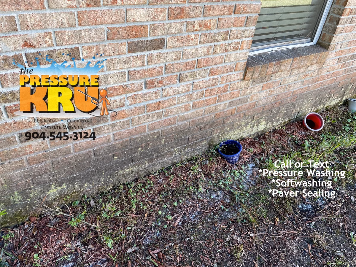 Brick Home Soft Washed in Julington Creek PLantation showing before dirt stained walls