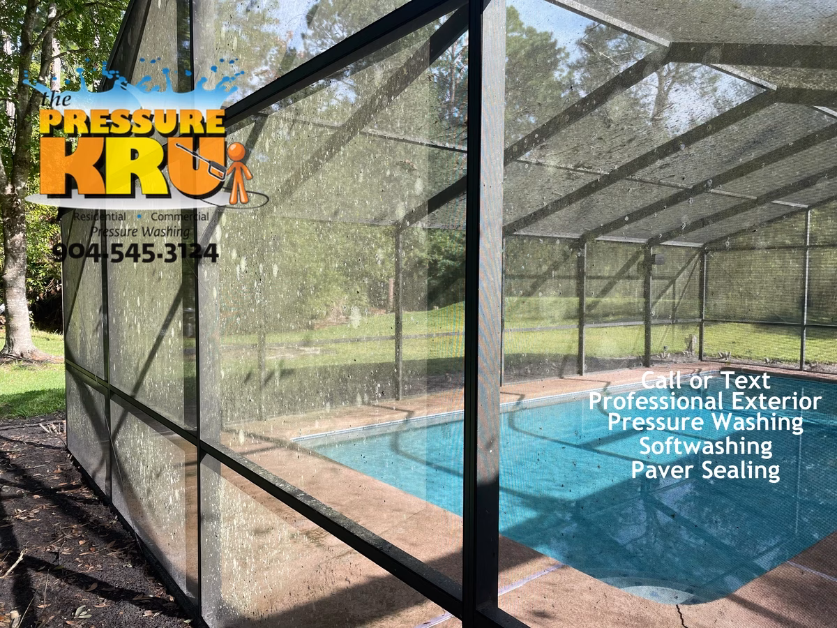 Pool Screen Enclosure cleaning is Saint Johns, FL before removing heavy algae and lichens.