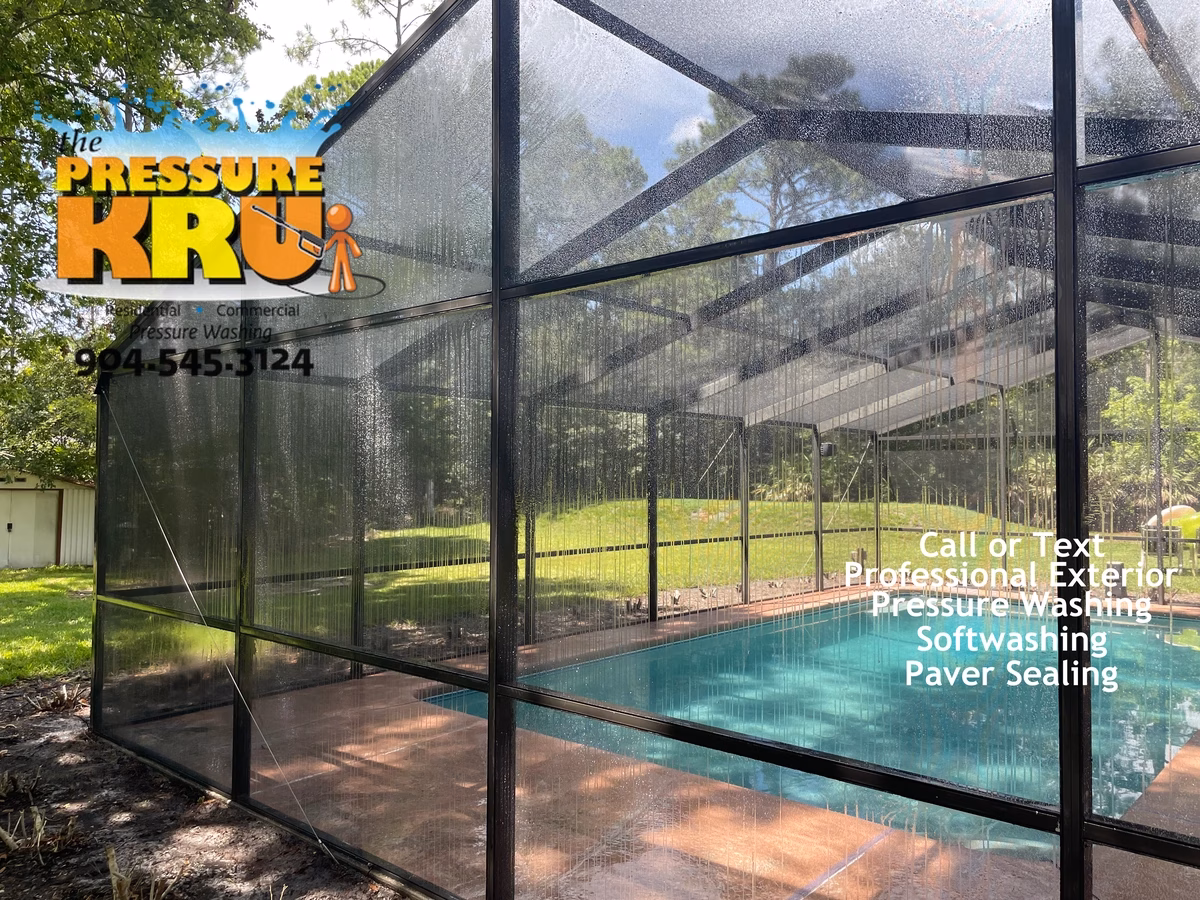 Pool Screen Enclosure cleaning is Saint Johns, FL after removing heavy algae and lichens.