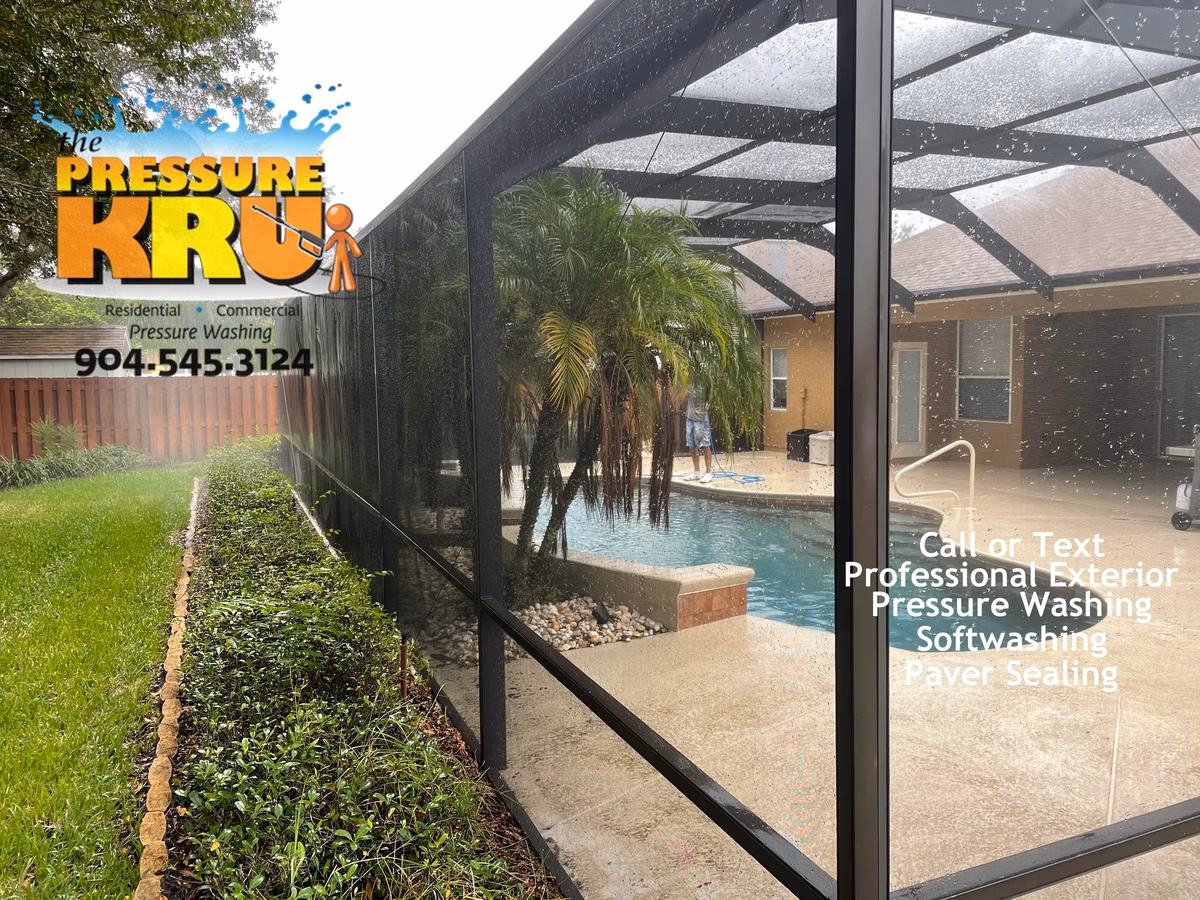 Pool cage cleaning in Jacksonville, FL after removing green algae on screens.