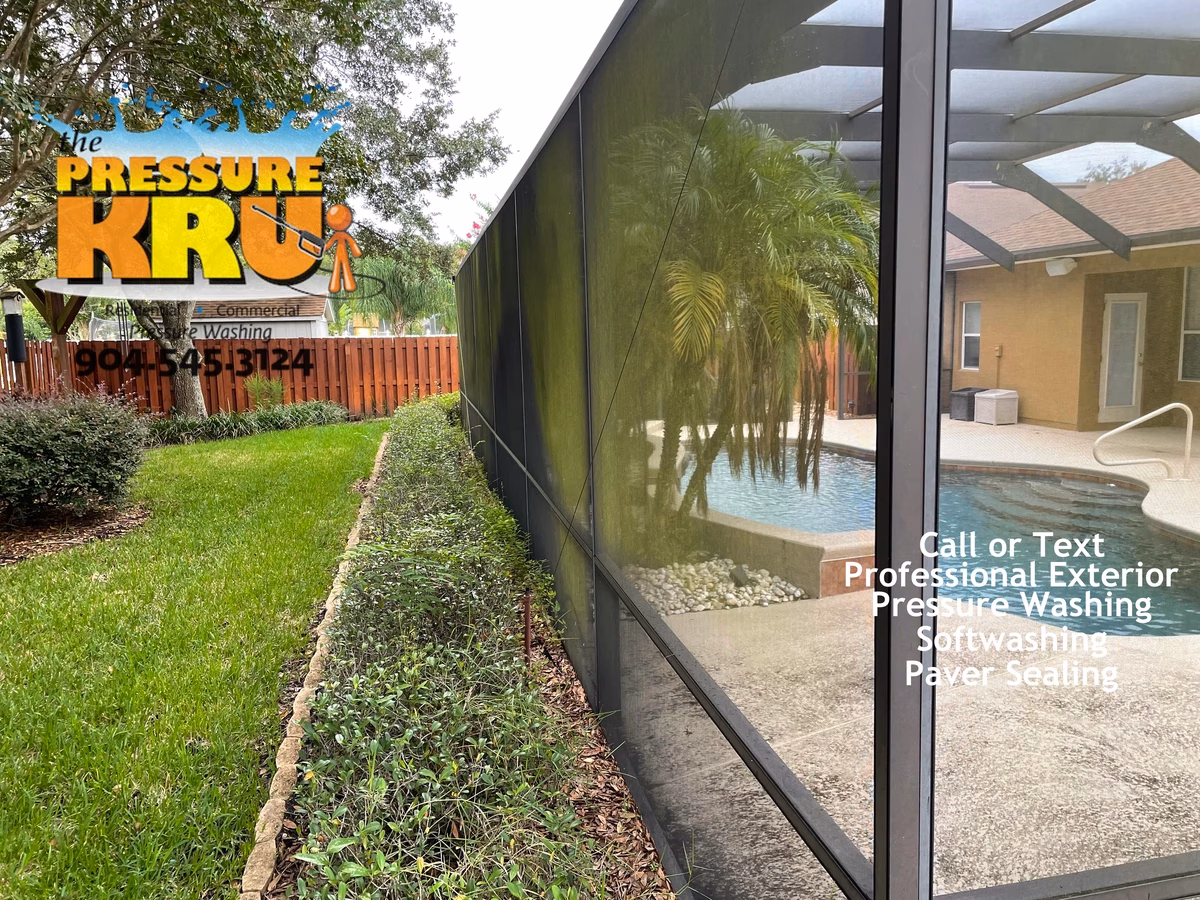 Pool cage cleaning in Jacksonville, FL before removing green algae on screens.