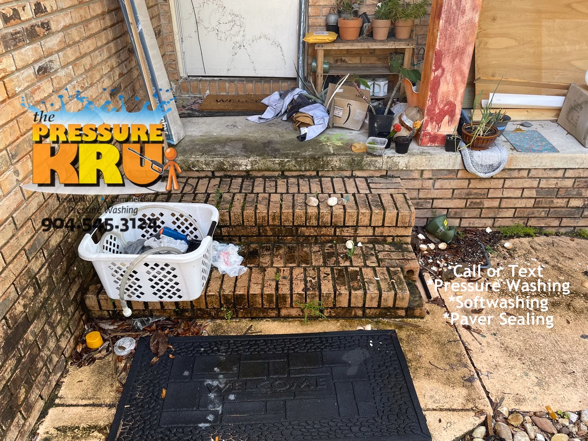 Brick home exterior cleaning before low-pressure softwash cleaning in Fruit Cove FL. Extreme algae and mildew growth on exterior Brick Walls, & Brick Steps