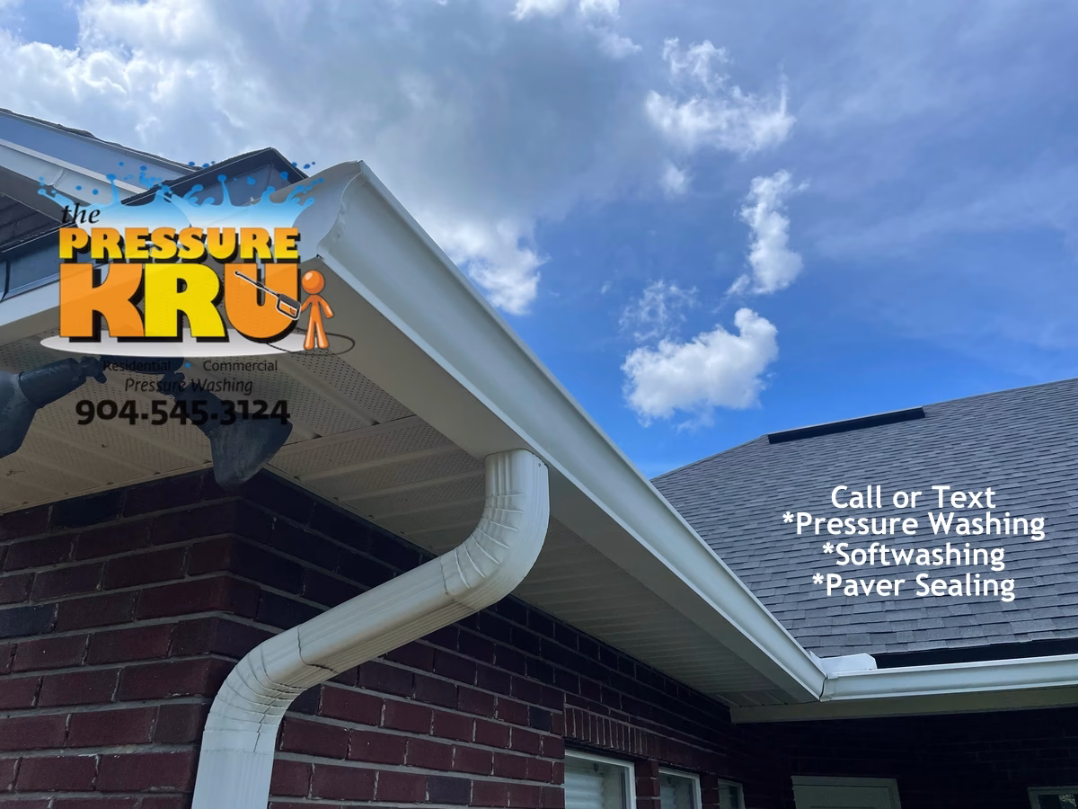 Brick house exterior after professional soft washing service showing mold and mildew safely removed from gutters and siding in St Johns FL