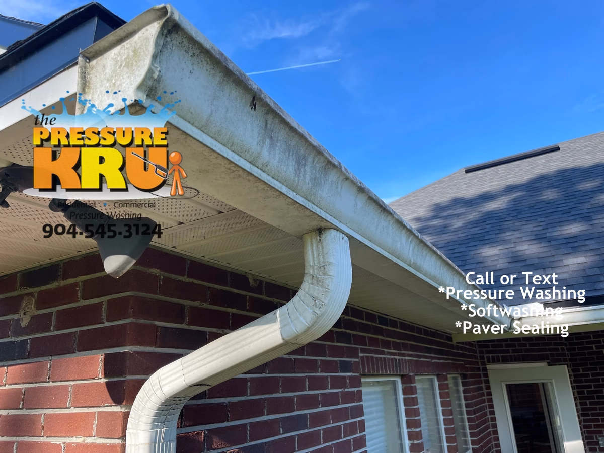 Brick house exterior before professional soft washing service showing mold and mildew growing on gutters and siding in St Johns FL