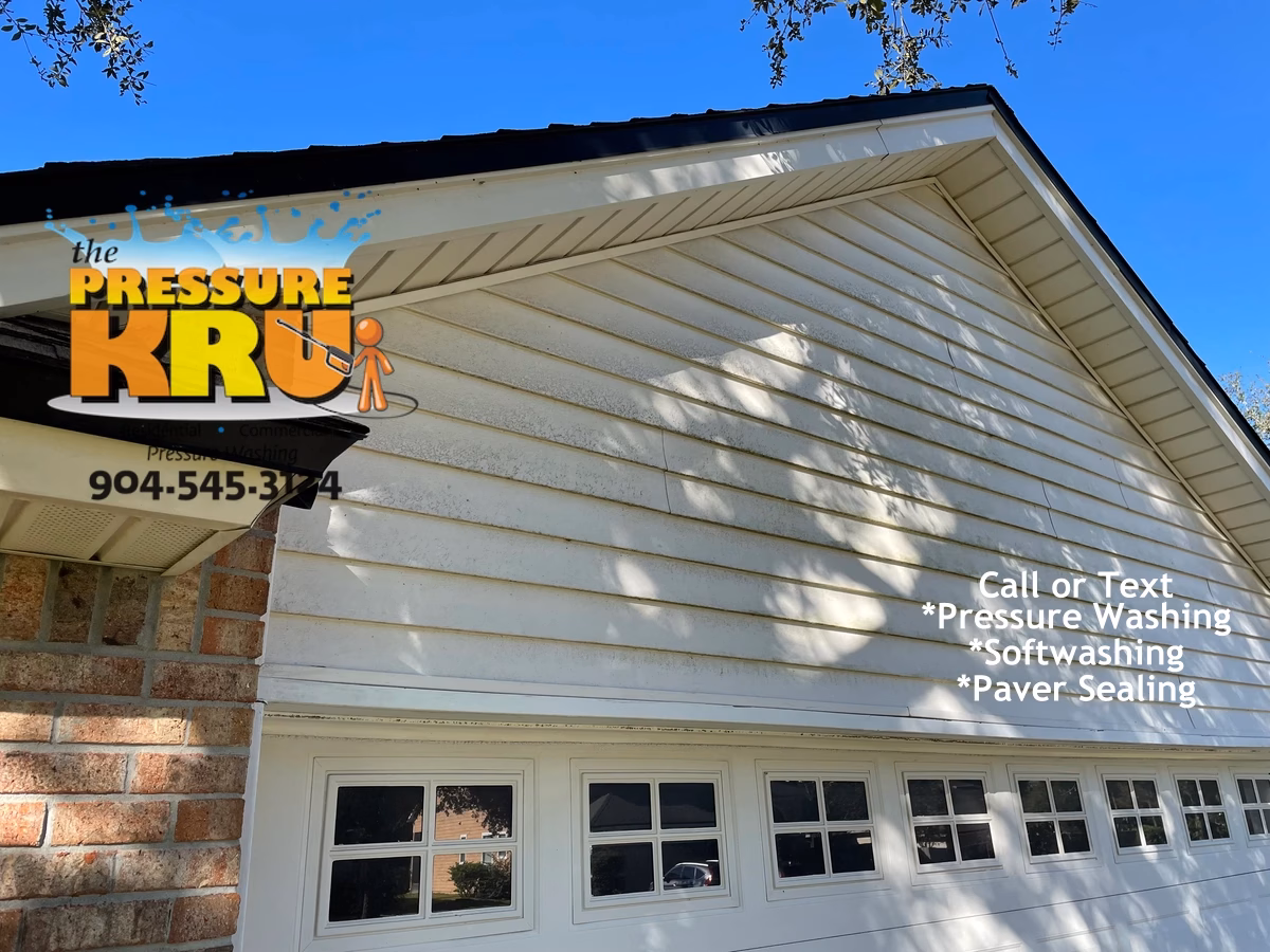 Brick Home with Vinyl before exterior cleaning in Fruit Cove FL. Shows annual growth accumulation