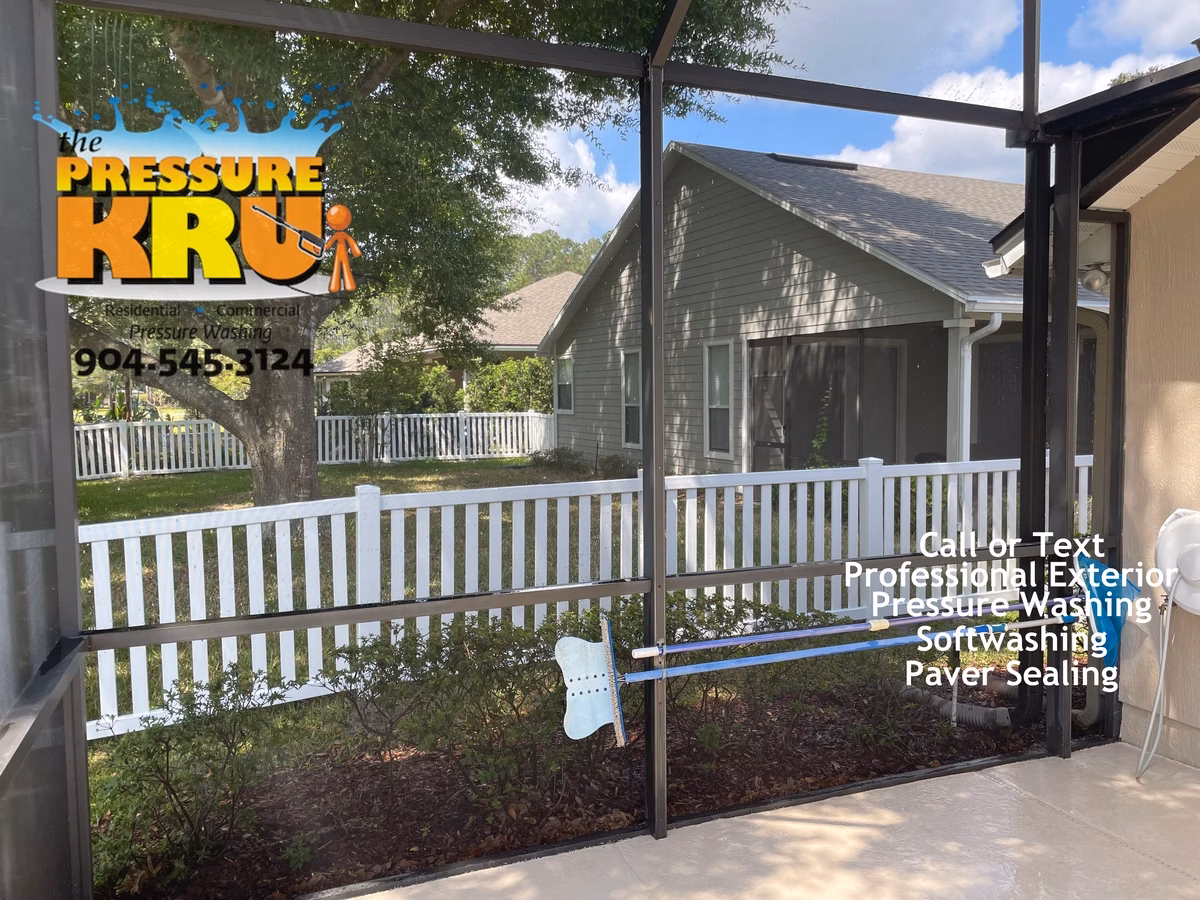 Pool enclosure after exterior cleaning in St. Johns, FL.