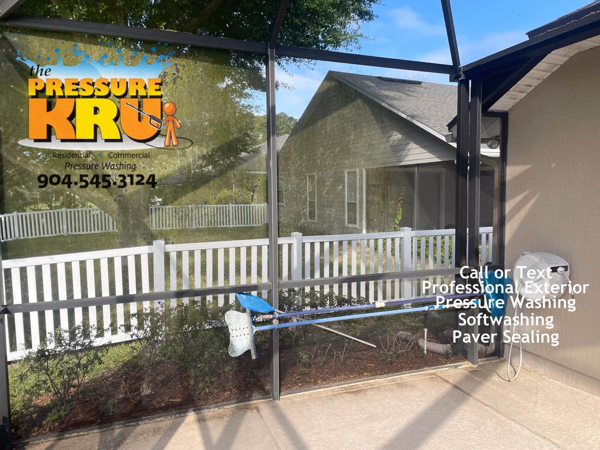 Pool enclosure before exterior cleaning in St. Johns, FL.