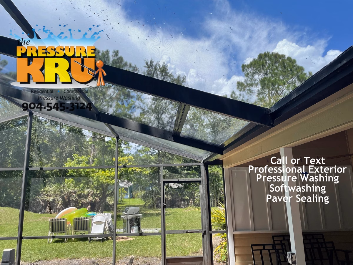 Pool Screen enclosure after soft washing in St. Johns, FL showing green algae and lichens removal.