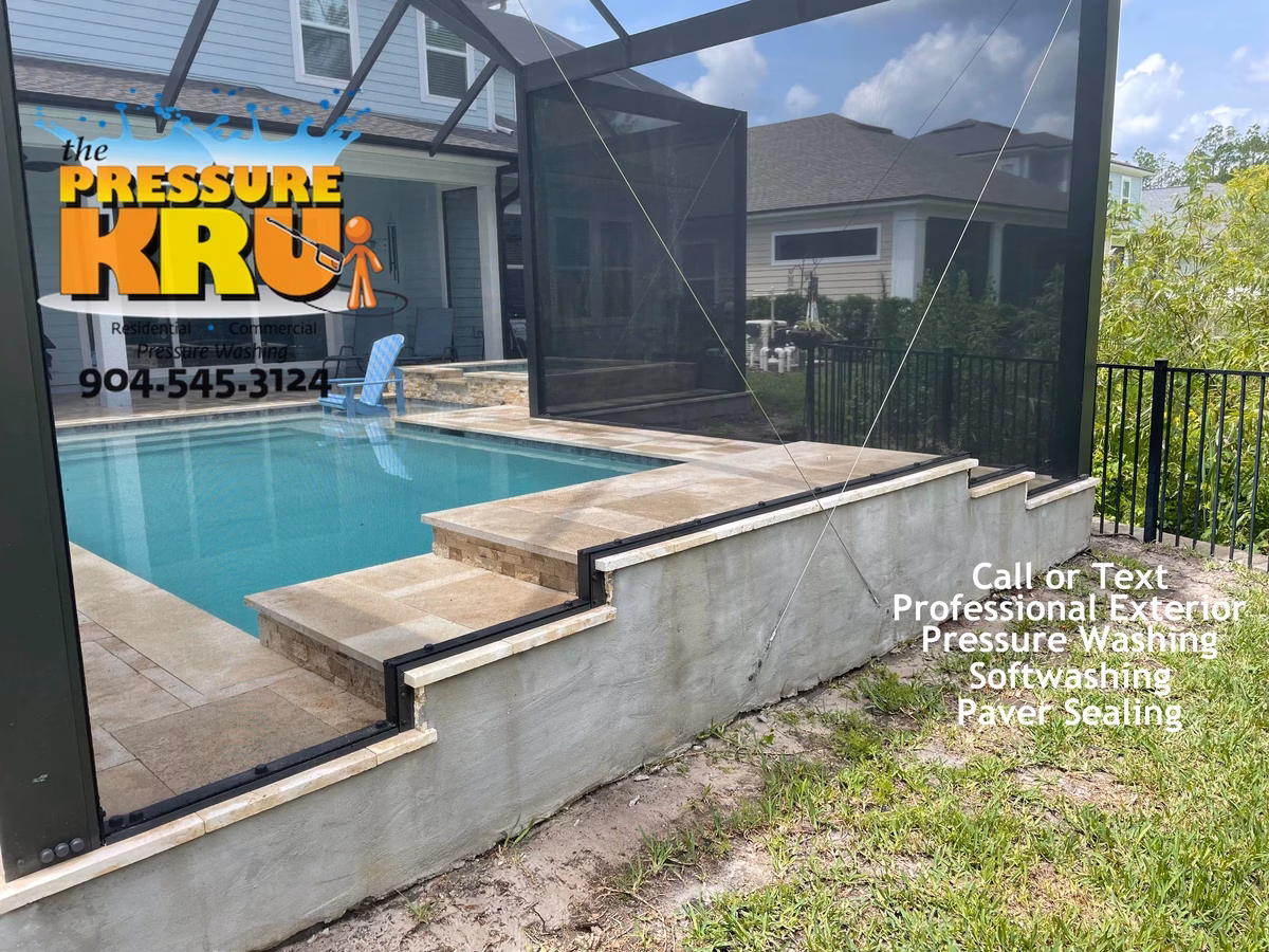 Green Algae covered pool screen enclosure after professional soft washing in St. Johns, FL