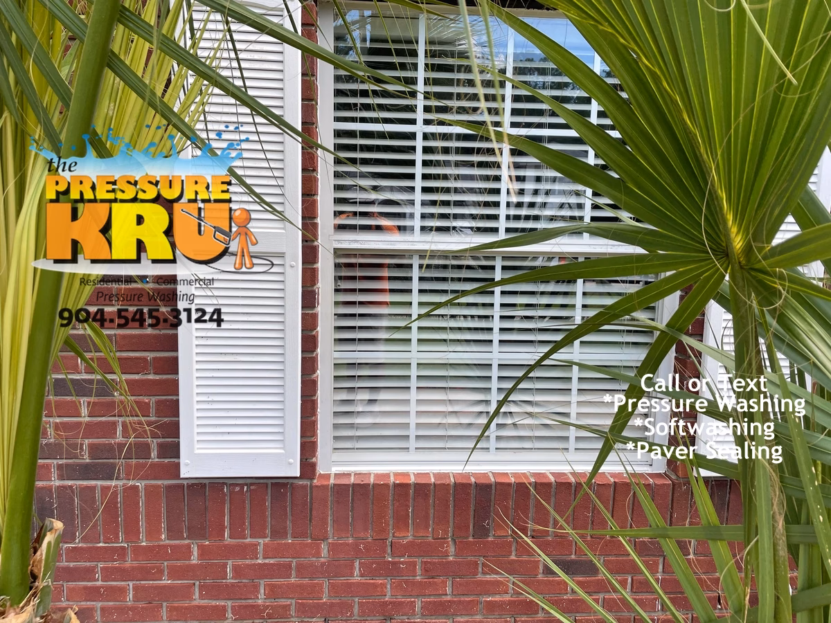 Brick house soft washing removing black algae from exterior walls in Jacksonville FL after