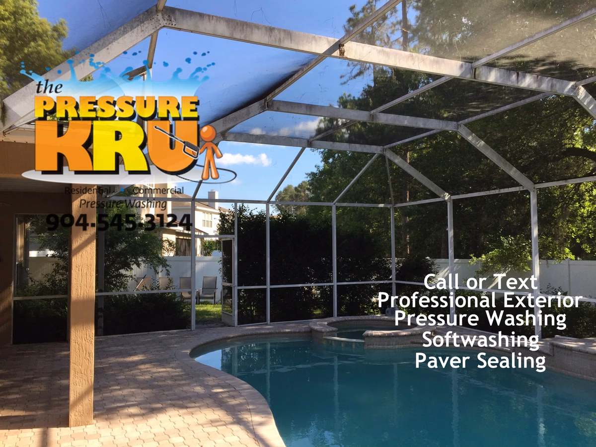 Screen enclosure before exterior soft washing in Jacksonville, FL with dirt, algae, and organic staining.