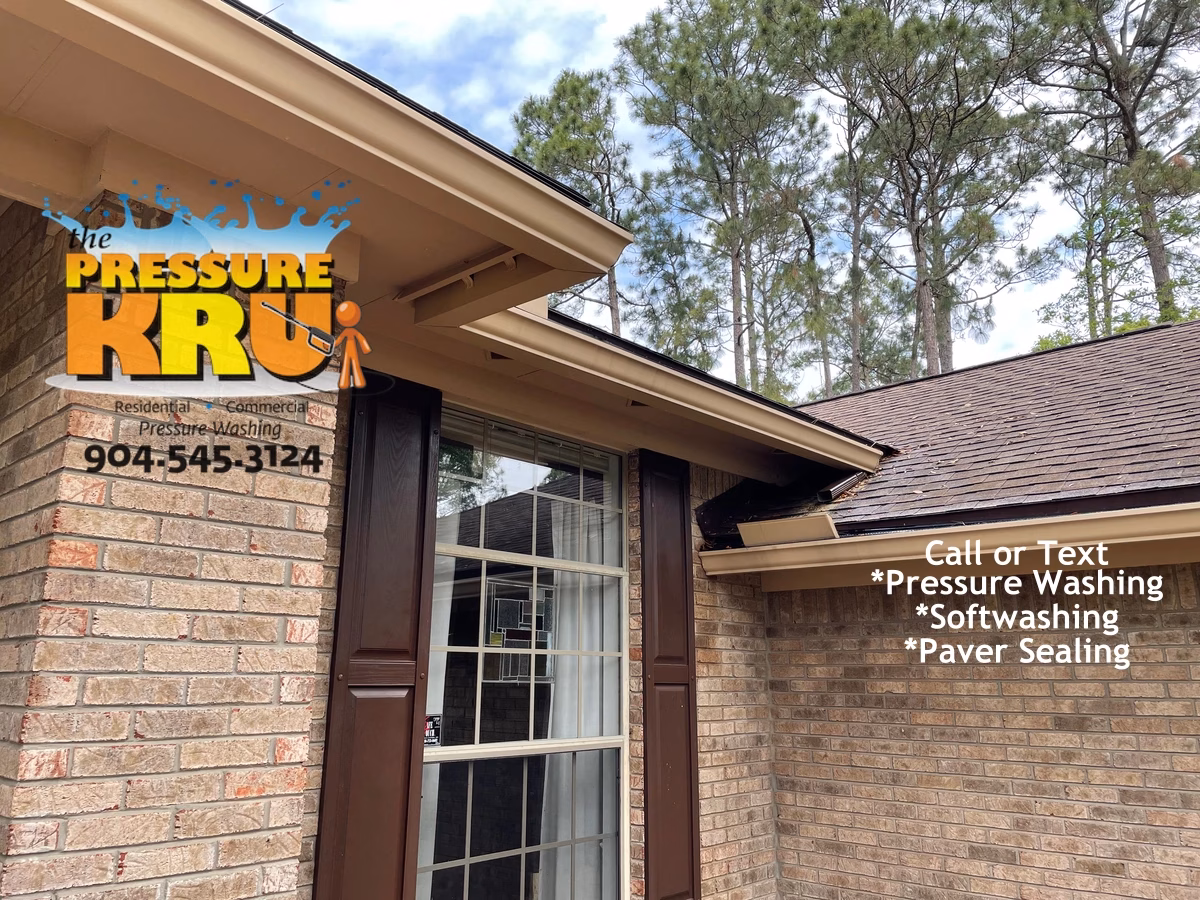 Brick home exterior cleaned by soft wash professional in Jacksonville FL after grime removal