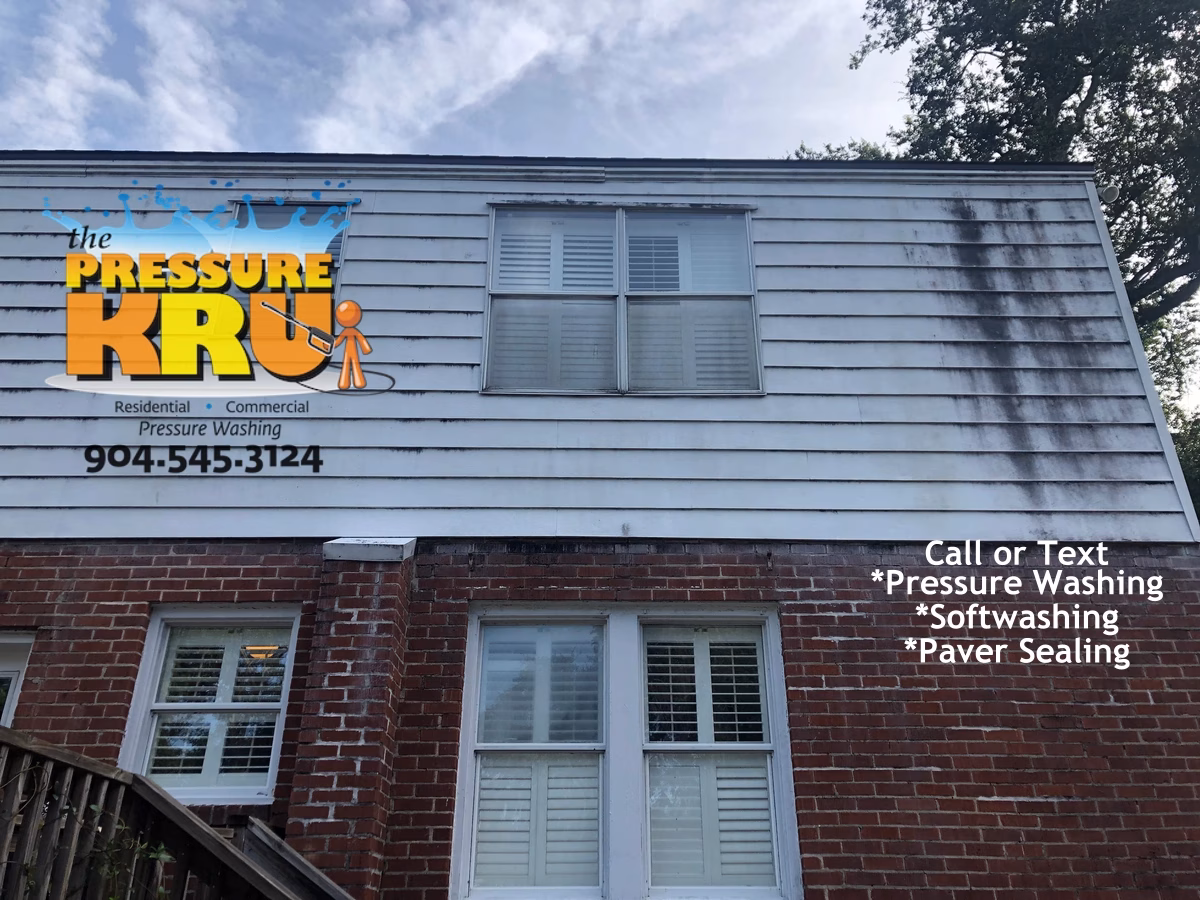 Residential brick facade professionally cleaned in Jacksonville FL before mold and mildew removal