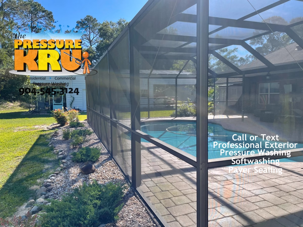 Pool screen enclosure before soft washing in Jacksonville, FL showing black mildew and green algae stains.