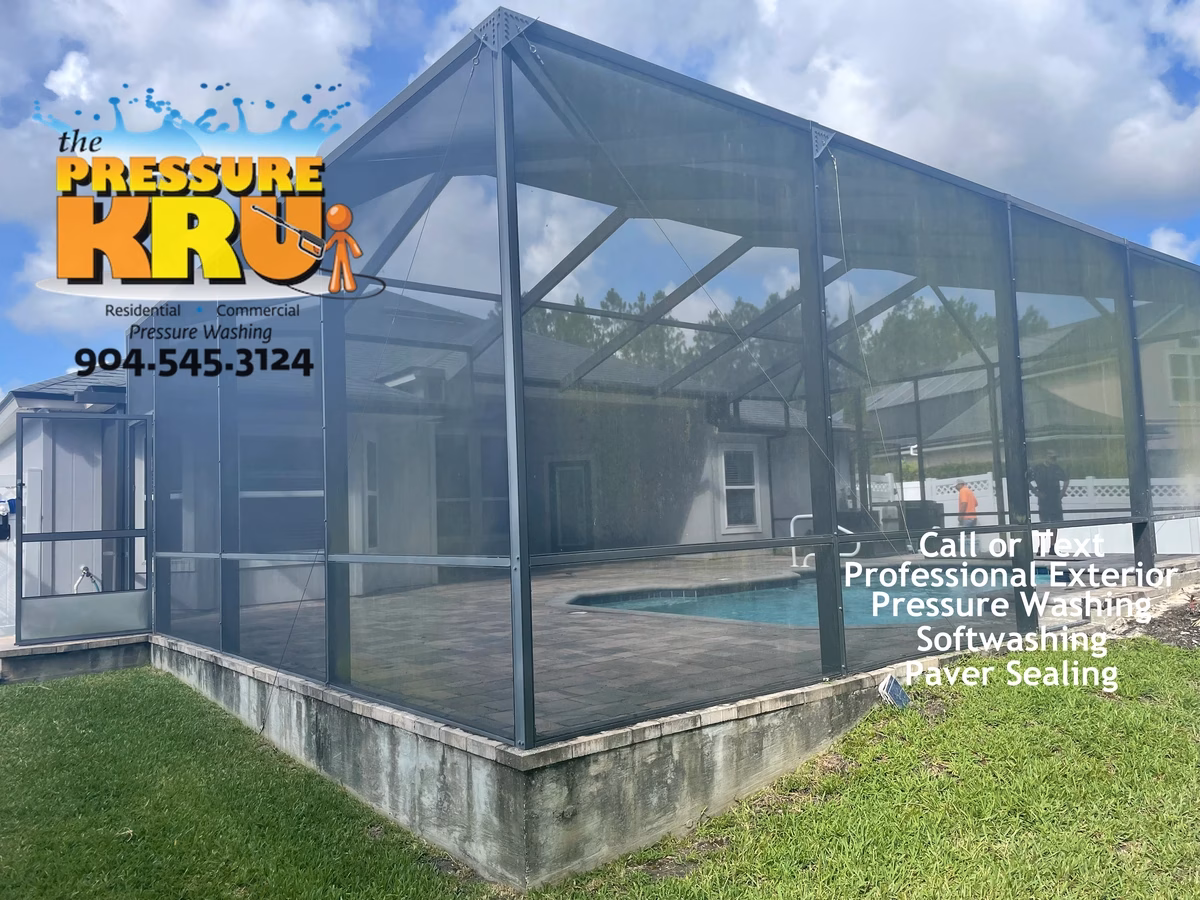 Pool enclosure before soft washing in Saint Johns, FL showing heavy algae staining and dirty screening