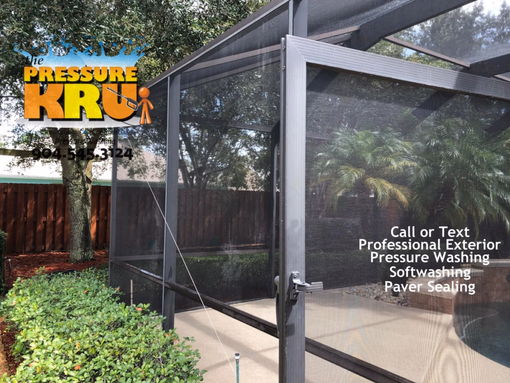 Screen enclosure after soft washing in St. Johns, FL showcasing a clean, bright pool enclosure and restored curb appeal.