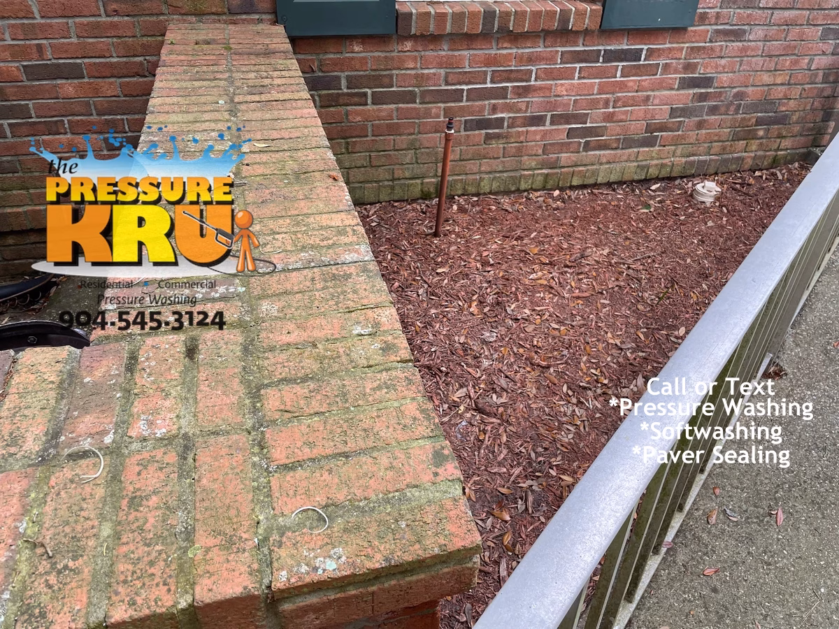 Brick home exterior before cleaning in St. Johns FL using a low-pressure cleaning system.