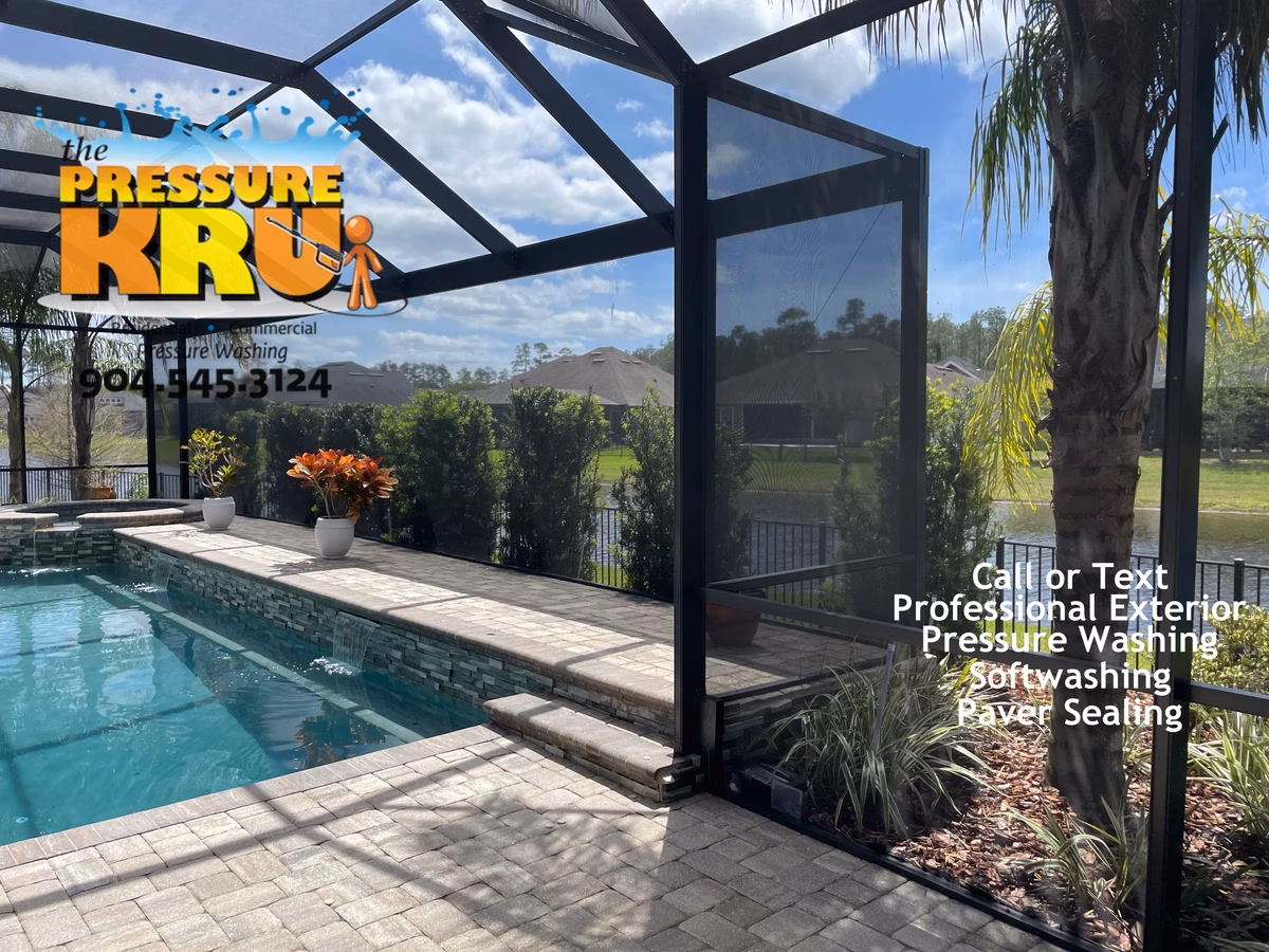 Pool cage after soft washing in St. Johns, FL featuring bright, clean screens and mildew-free framing.