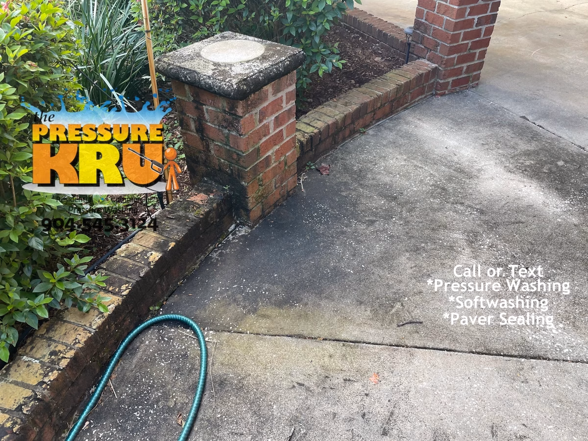 Brick exterior before professional soft washing showing grime in Sawgrass