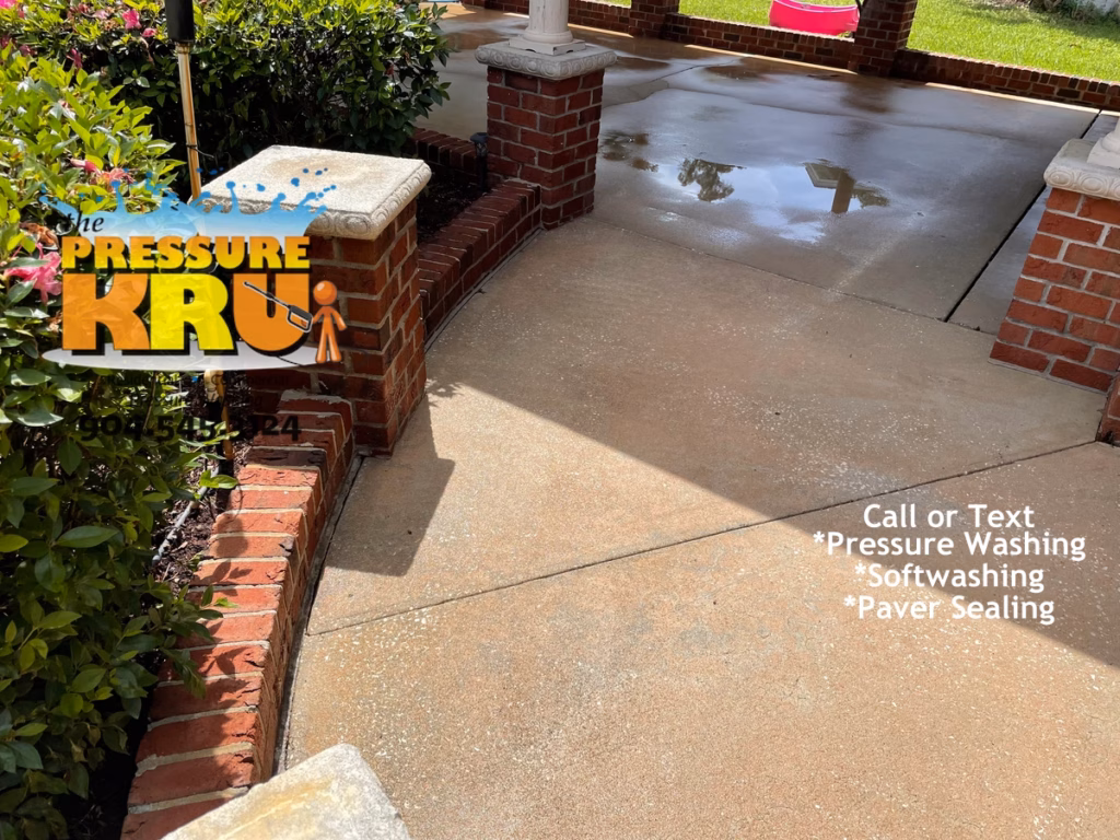 Brick exterior after professional soft washing showing grime in Sawgrass