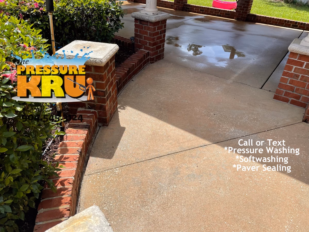 Brick exterior after professional soft washing showing grime in Sawgrass