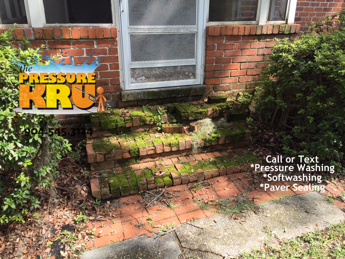 Brick home exterior softwashing before removing green algae, mold, and moss from entrance steps in Jacksonville FL