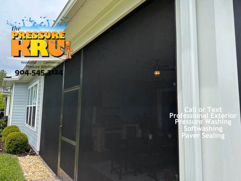 Professionally soft washing screen enclosure in St. Johns, FL. after