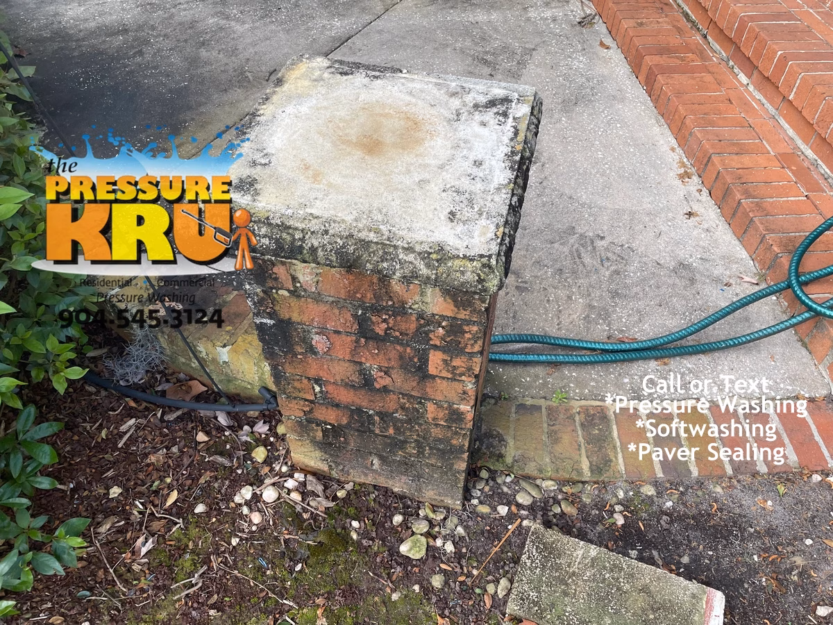 Brick house washing before softwashing in St Augustine FL showing algae and mold buildup